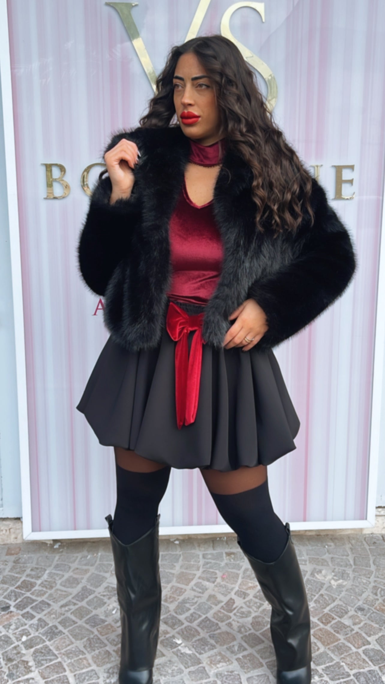 Gonna a palloncino con fiocco in velluto